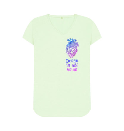 Pastel Green Women's V-Neck T-shirt \"Ocean in my veins\"